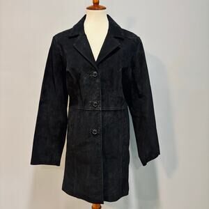 Vintage Black 100% Suede Leather Knee-Length Car Coat Jacket, Women's Size M